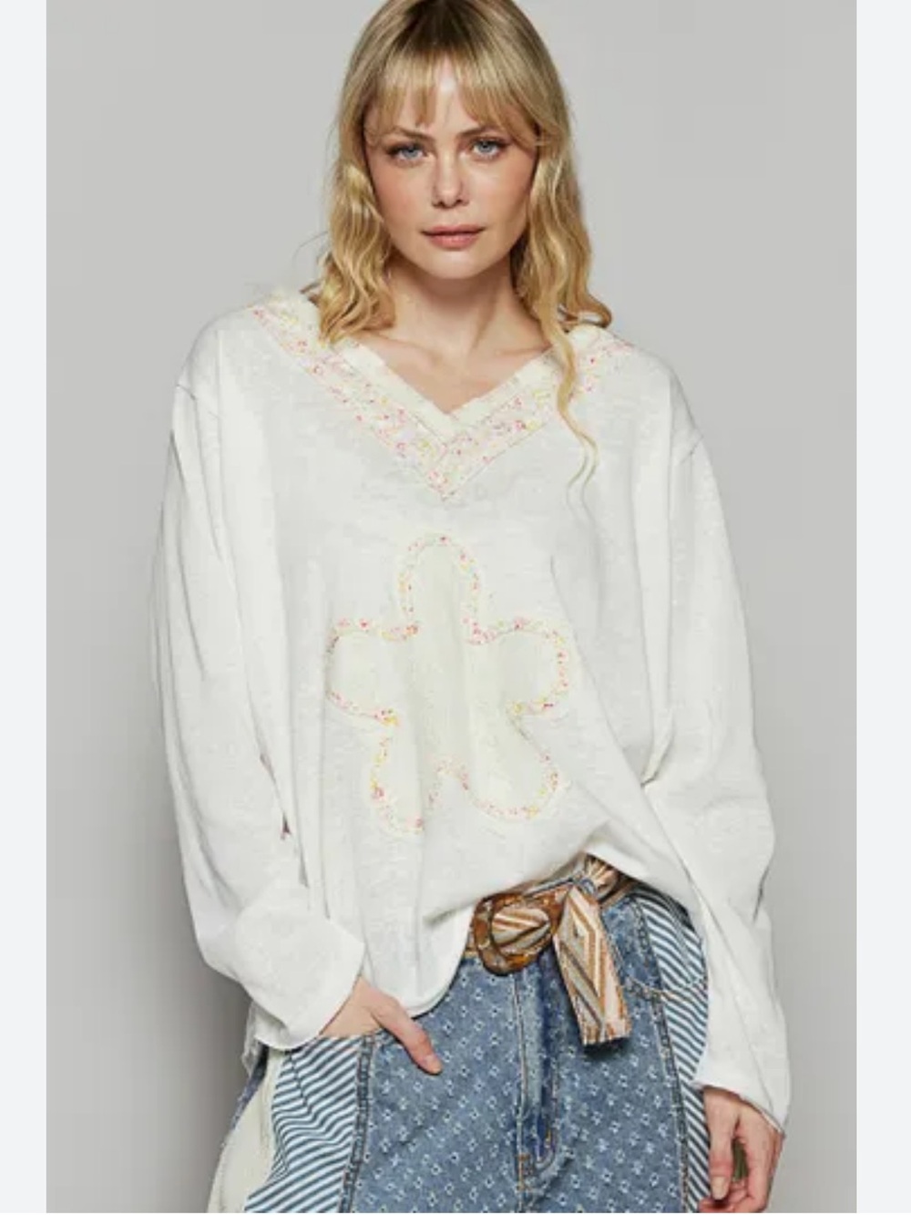 New: POL “Flower Patch” Boho Lace Overlay Patchwork Floral Long Sleeve Top• M